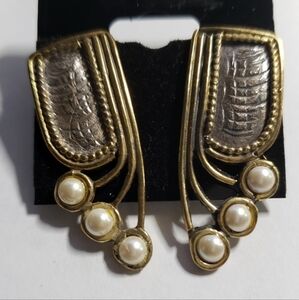 Chunky Gold and Silver Earrings with Pearl Accent